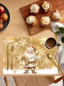 4 pièces/6 pièces/1200 pièces Napperon de Noël en polyester 30x45cm, design rétro et raffiné avec feuille d'or, avec des flocons de neige brillants en arrière-plan, le Père Noël enlace une boîte-cadeau dorée avec un bonnet rouge à pompon blanc, style classique, associé à des décorations d'étoiles pour ajouter de la profondeur, aidant à la décoration festive de la table de salle à manger de Noël, des fêtes et de l'espace familial