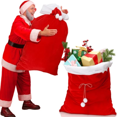 Christmas - Themed Drawstring Bags, Santa Hat - Inspired With Pom - Poms, Large - Capacity For Gifts, Ideal For Xmas & Eve, Santa Gift Sacks For Candies & Presents