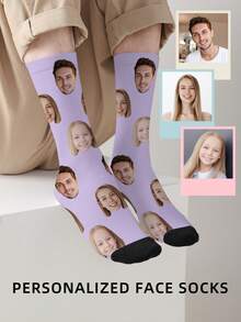 1 Pair Customized Face Photo Printed Mid-Calf Socks For Women, Couples, Suitable For Birthday And Other Occasions, For Family, Personalized Gift, Father's Day Gift, Funny Meme Gift - Multicolor - View 9