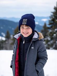 1 件儿童针织帽，26 个字母图案，纯色针织帽，女童儿童帽子，户外保暖帽，秋冬 - 藏蓝色 - 查看 4