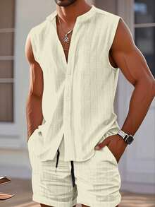 Men's Casual Stand Collar Cardigan Top Jacquard Style Set - Khaki - View 1