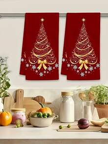 1/2Pcs Festive Christmas Kitchen Towels, 15.7x23.6in - Red With Golden Snowflake & Pine Tree Design, Soft Polyester Dish Towels For Cooking, Baking, And Holiday Decor, Perfect For Kitchen Or Bathroom Use, Hand Wash Only, Christmas Kitchen Decor