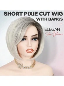 Peruca curta, cinza claro, com degradê de cor, cabelo liso, peruca de fibra sintética, corte em camadas, peruca sintética macia de 30 cm, adequada para uso diário por mulheres, meninas e moças