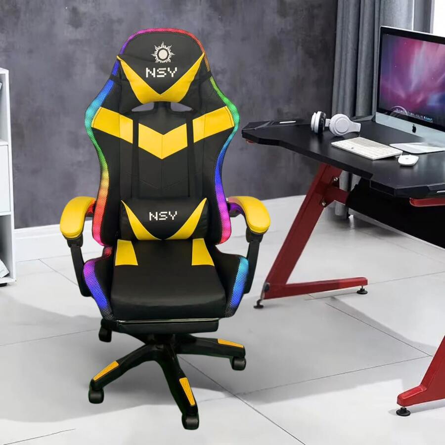 NSY Ergonomic Gamer Chair With Multicolor LED RGB Lighting Office 90° To 150° Reclining With Footrest Adjustable Height Yellow And Black Color - 黃色 - 查看 1