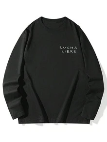 女士长袖棉质川剧脸谱印花T恤，宽松中长款，黑色，秋冬时尚 - 黑色 - 查看 6