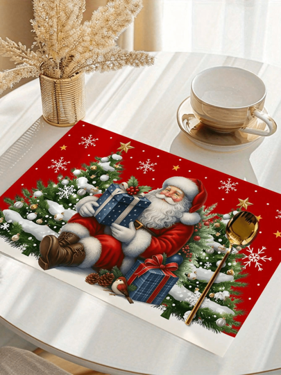 4pcs/6pcs/1200pcs 30x45cm Christmas Theme Placemat, Santa Claus Sitting In Front Of Christmas Tree Holding Gift Design, Polyester Dining Mat, Suitable For Christmas Table Decor, Christmas Party Gathering Home Decoration
