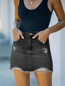 Spring/Summer | Women's Sexy Denim Skirt, Button With Zipper Closure Design, Hole Creativity, Inelastic Fabric, Suitable For Travel And Party Occasions. - 灰色 - 查看 4