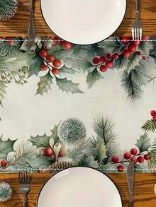 1 pieza, Camino de mesa de Navidad con bayas de acebo, de poliéster, rectangular, ropa de mesa navideña, diseño de bayas rojas y hojas verdes, hecho a máquina, para celebración de Navidad y Año Nuevo, decoración del hogar, cocina y fiesta (33x90/120/160/183/200 cm)