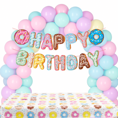 Donut-Themed Macaron Latex Party Balloons, Donut-Themed Tablecloth, Donut-Themed Tablecloth, Vibrant Party Decoration Scene Decor With Happy Birthday Message For Wedding, Birthday, Bridal Shower, Rainbow Party, Shower, Anniversary Party Decorations