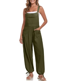 GS SNOWING Womens Wide Leg Overalls Loose Beach Vacation Outfits Jumpsuits 2025 Causal Sleeveless Rompers With Pockets - 軍綠色 - 查看 1