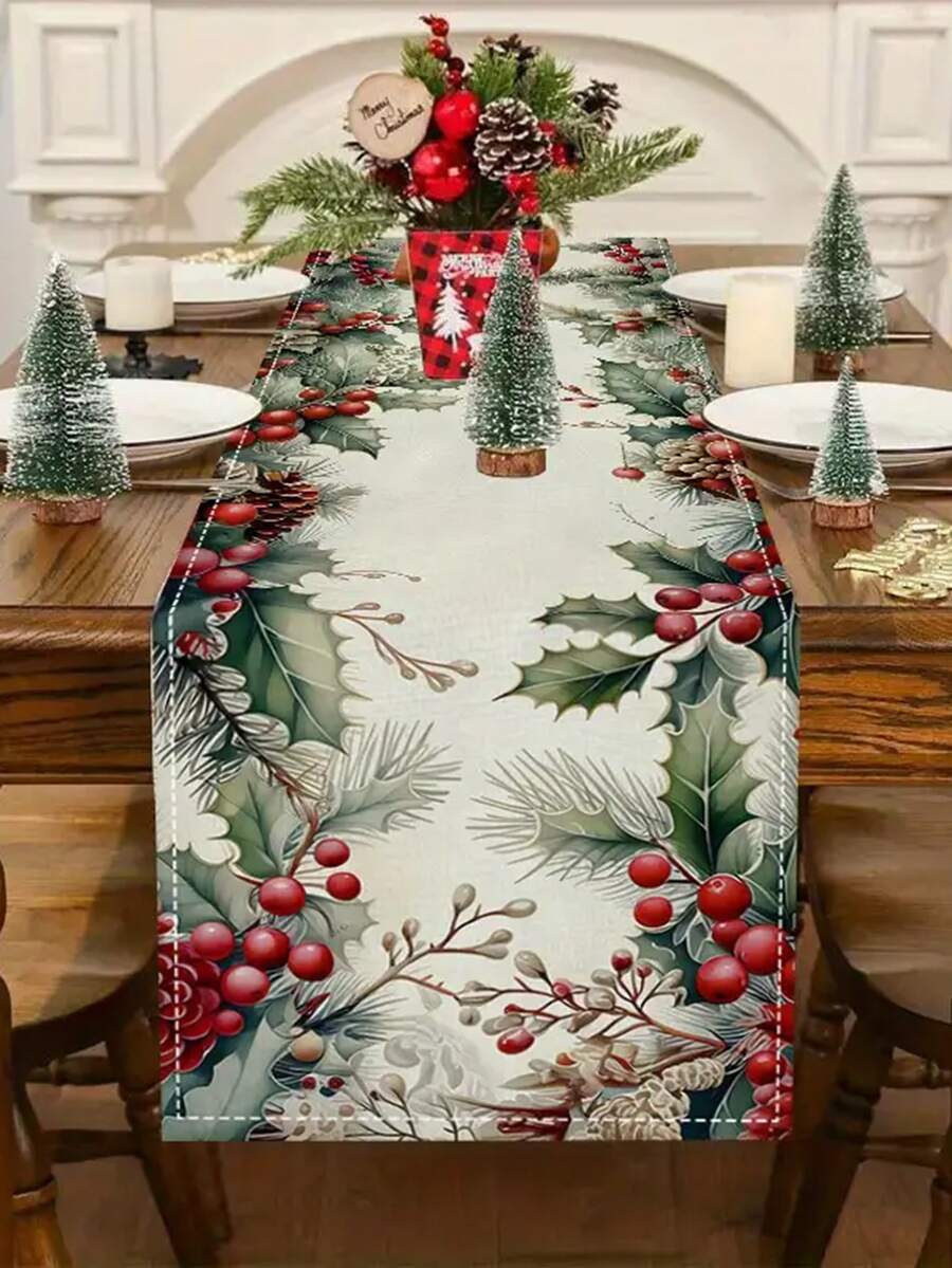 1 pieza, Camino de mesa de Navidad con bayas de acebo, de poliéster, rectangular, ropa de mesa navideña, diseño de bayas rojas y hojas verdes, hecho a máquina, para celebración de Navidad y Año Nuevo, decoración del hogar, cocina y fiesta (33x90/120/160/183/200 cm)