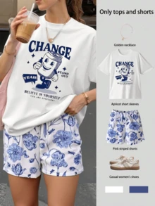 2 pcs Conjunto casual de 2 piezas de camiseta de manga corta con estampado change stand out, lata y pantalones cortos flores para mujer en verano - Blanco - Ver 1
