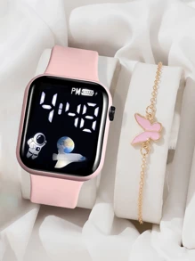 2 件/套 1 件卡通心形方形电子手表和 1 条蝴蝶手链情人节礼物圣诞礼物毕业礼物情侣礼物情侣手表手链万圣节、圣诞节、情人节、母亲节、节日礼物的最佳选择