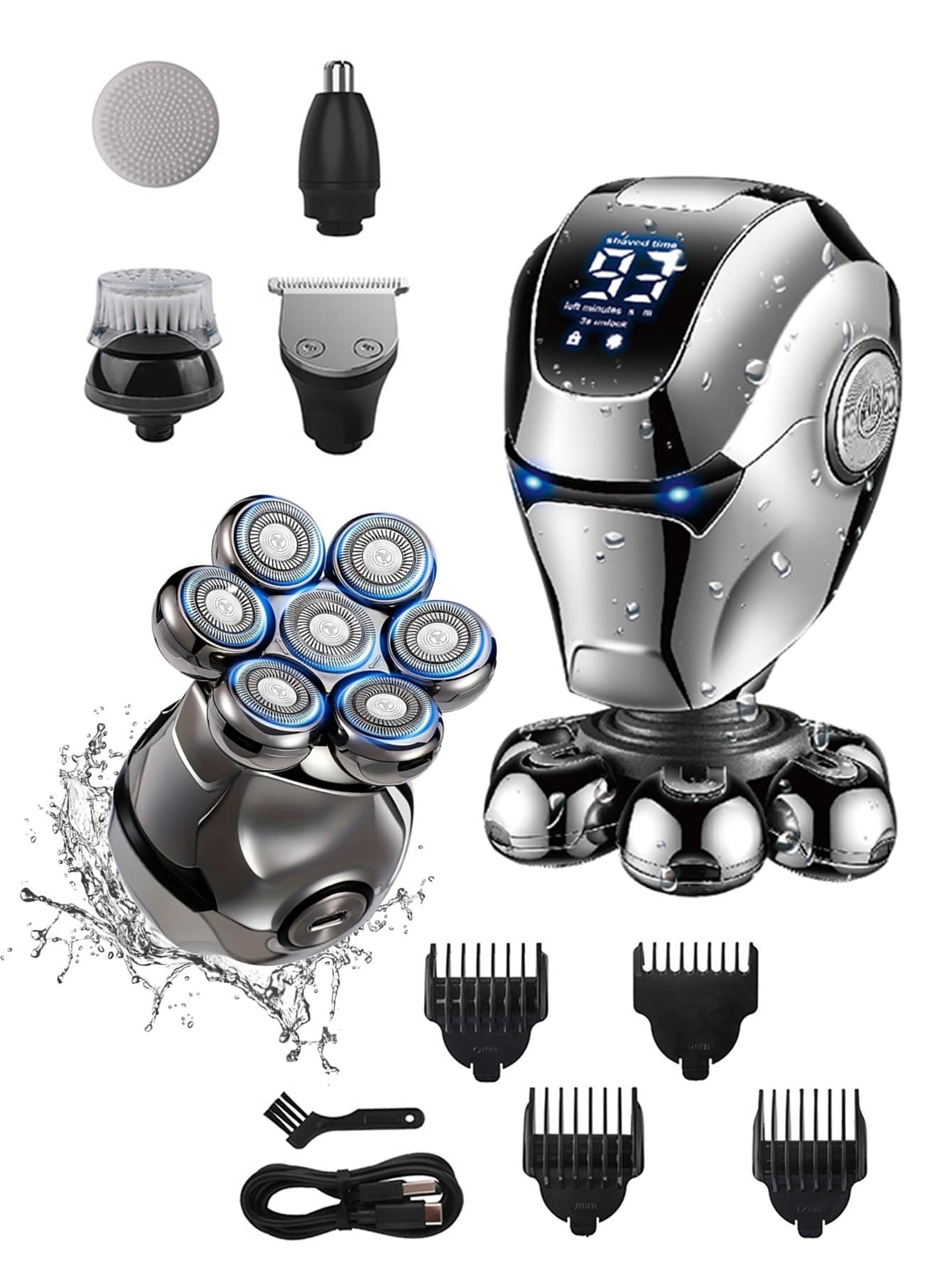 Electric Shaver/Electric Razor, Head And Face Shaving, Wet And Dry Shaver, Cordless Electric Shaver - Upgraded 5 In 1 Waterproof Grooming Kit, Full Body Washable, Nose Hair Trimmer, Hair Clipper, USB Charging, LED Display, Perfect Holiday Gift For Men. ,400mAh Battery