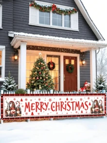 1 pieza de 35*180cm, 500 piezas Bandera horizontal navideña 2D, con diseño de árbol de Navidad con copos de nieve y gnomos de dibujos animados, de poliéster para decorar vallas, jardines y paredes, suministros para fiestas navideñas interiores y exteriores