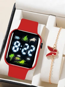 2 件/套 1 件卡通心形方形电子手表和 1 条蝴蝶手链情人节礼物圣诞礼物毕业礼物情侣礼物情侣手表手链万圣节、圣诞节、情人节、母亲节、节日礼物的最佳选择