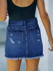 Spring/Summer | Women's Sexy Denim Skirt, Button With Zipper Closure Design, Hole Creativity, Inelastic Fabric, Suitable For Travel And Party Occasions. - 深色水洗藍 - 查看 5