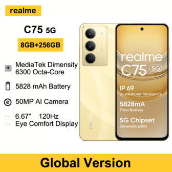 Realme C75 5G Smartphone, 8+256GB, MediaTek Dimensity 6300 Processor Octa-Core, 50MP AI Main Camera, 6.67" 120Hz Display, 5828mAh Massive Battery, Christmas Gifts/Presents, Global Version, Without Charger