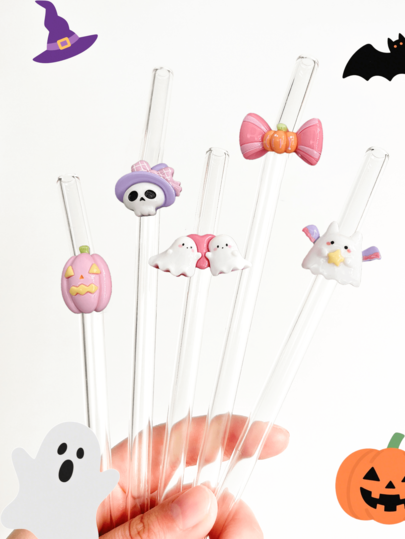 1 Stück/5 Stück wiederverwendbare Glas-Trinkhalme in Halloween Cartoon-Formen, Trinkhalm-Hüllen mit süßen Geist-, Fledermaus-, Hexenhut- und Kürbis-Designs, transparent für Smoothies, Bubble Tea, Saft, Milch, Cocktails, Partys, Halloween, Zauberhut, gebogene Glas-Trinkhalme in verschiedenen Stilen