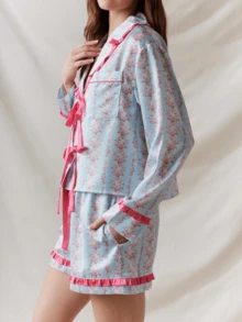 Women Y2k Summer 2 Piece PJs Pajama Sets Long Sleeve V Neck Lapel Button Down T-Shirt Floral Print T-Up Front Top Elastic Waist Wide Leg Drawstring Pajama Bottoms Casual Loungewear Sleepwear - 藍色 - 查看 3