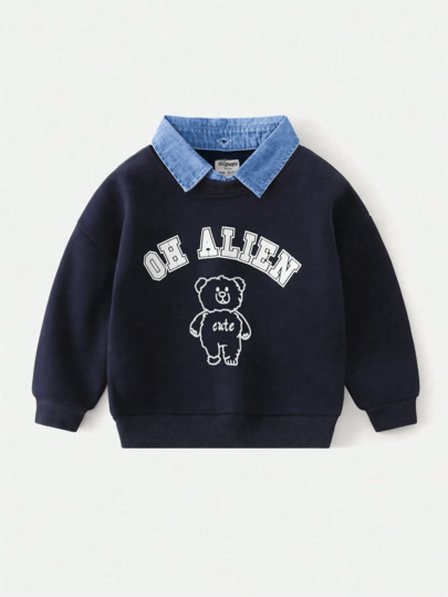 Felpa per ragazzi con colletto finto a 2 pezzi, felpa con cappuccio per ragazzi nuova per autunno/inverno, con maniche lunghe e imbottitura