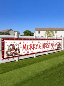 1 pieza de 35*180cm, 500 piezas Bandera horizontal navideña 2D, con diseño de árbol de Navidad con copos de nieve y gnomos de dibujos animados, de poliéster para decorar vallas, jardines y paredes, suministros para fiestas navideñas interiores y exteriores