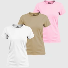 Kit 3 Camisa Camiseta Blusas Feminina Babylook Algodão T-shirt Confortável Basicas Lisas Elegante - Rosa e Caqui - Visão 1