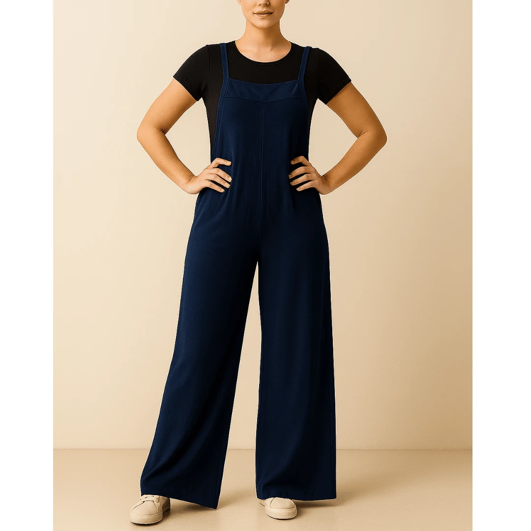 Women's Long Viscolycra Dungarees Jumpsuit Without Pockets - Comfortable, Casual And Stylish - 藍色 - 查看 1