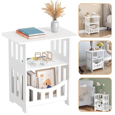 3-Tier Side End Table With Storage Shelf Basket, White Small Bedside Table, Slim Narrow Nightstand Small Spaces For Living Room, Bedroom, Bathroom, Balcony ﻿ ﻿