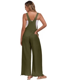 GS SNOWING Womens Wide Leg Overalls Loose Beach Vacation Outfits Jumpsuits 2025 Causal Sleeveless Rompers With Pockets - 軍綠色 - 查看 3