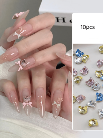 10件装超闪高档猫头美甲钻混装K9水晶尖底钻可爱猫咪美甲饰品美甲配件