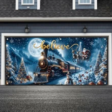 157x71 Inch Polyester Garage Door Banner With Moving Train And Sleigh Pattern, Ideal For Indoor/Outdoor Holiday Decoration, Suitable For Christmas