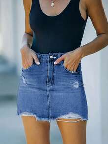 Spring/Summer | Women's Sexy Denim Skirt, Button With Zipper Closure Design, Hole Creativity, Inelastic Fabric, Suitable For Travel And Party Occasions. - Medium Wash - View 4