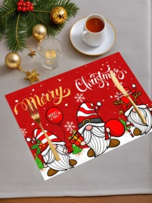 4 piezas/6 piezas/1200 piezas Mantel individual de 30x45cm de poliéster con tema navideño, imagen linda de gnomo navideño con copos de nieve, elementos de regalo, texto "Feliz Navidad", adecuado para mesas navideñas, fiestas y decoración del hogar - Multicolor - Ver 4