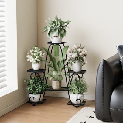 1pc Plant Stand 6 Tier Metal Plant Stands For Indoor Outdoor Plants Multiple Tiered Tall Iron Plant Shelf, Black Plant Rack, Heavy Duty Flower Pot Holder For Corner, Patio, Living Room