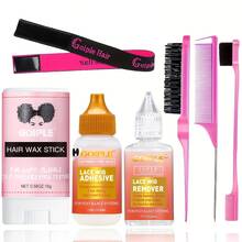 GOIPLE假发安装套装，蕾丝假发胶水，防水蕾丝前假发胶水（含工具），强力蕾丝熔化喷雾（无需胶水），发蜡棒，超强定型蕾丝胶水，发际线定型啫喱，卸胶剂，1/2/9件套假发套装（蕾丝胶水/假发卸胶剂/熔化喷雾/发蜡棒/发际线定型啫喱/松紧带/双面刷/假发帽） - 38毫升 - 查看 16