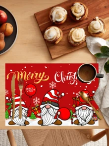 4 piezas/6 piezas/1200 piezas Mantel individual de 30x45cm de poliéster con tema navideño, imagen linda de gnomo navideño con copos de nieve, elementos de regalo, texto "Feliz Navidad", adecuado para mesas navideñas, fiestas y decoración del hogar - Multicolor - Ver 2
