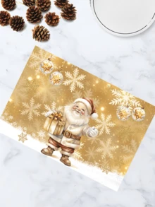 4 pièces/6 pièces/1200 pièces Napperon de Noël en polyester 30x45cm, design rétro et raffiné avec feuille d'or, avec des flocons de neige brillants en arrière-plan, le Père Noël enlace une boîte-cadeau dorée avec un bonnet rouge à pompon blanc, style classique, associé à des décorations d'étoiles pour ajouter de la profondeur, aidant à la décoration festive de la table de salle à manger de Noël, des fêtes et de l'espace familial