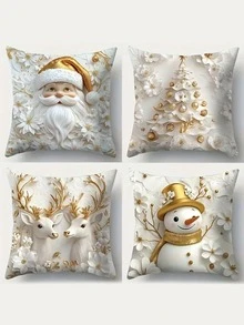 4 paquetes de fundas de cojín navideñas de 40x40cm/45x45cm/50x50cm - Diseño impreso de Papá Noel dorado, renos y muñeco de nieve, con cremallera y lavables a máquina, decoración de sofá para sala de estar, accesorios navideños para el hogar, patrones festivos, impresión de alta calidad, fundas de cojín decorativas, regalos festivos