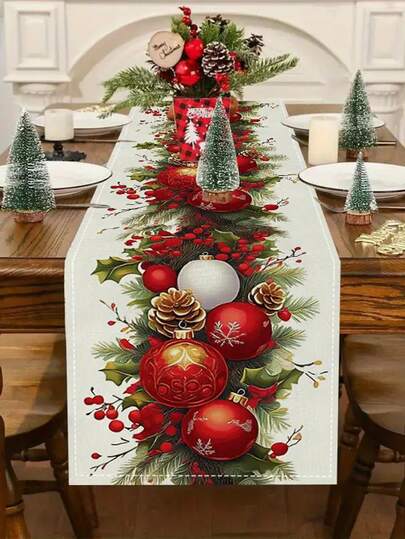1pc Christmas Decoration Table Runner, 13x35.4/47.2/63/72/78.7 Inches Available - Polyester Rectangular Striped Holiday Decoration, Red And Gold Trim, Pine Branches And Snowflakes, Suitable For Kitchen Dining Room Party Home Decor, Christmas Table Decoration, Snowflake Pattern, Durable Fabric, Seasonal Textile, Christmas Decoration
