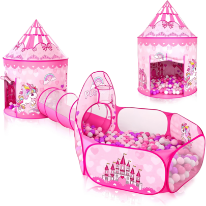 Princess Tent With Tunnel For Girls - 3pc Pop Up Kids Play Tent With Ball Pits For Toddlers - Pink Playhouse Toys Indoor & Outdoor For Birthday Gifts (Balls Not Included)