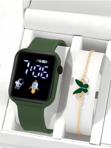 2 件/套 1 件卡通心形方形电子手表和 1 条蝴蝶手链情人节礼物圣诞礼物毕业礼物情侣礼物情侣手表手链万圣节、圣诞节、情人节、母亲节、节日礼物的最佳选择