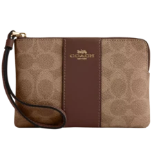 Coach 女士转角拉链腕带钱包小号手腕包真皮手机钱包女式迷你手提包带可拆卸腕带 - 棕色 - 查看 7