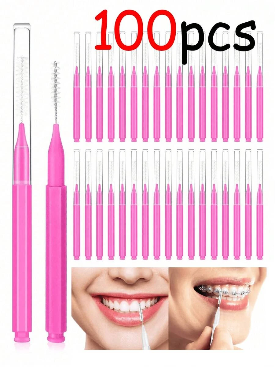 5/20/50/100支装成人直牙线棒，清洁牙缝，正畸牙缝，牙齿清洁，软毛牙间刷，正畸牙线棒，一次性牙间清洁器（粉色） - 彩色 - 查看 1