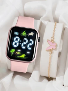 2 件/套 1 件卡通心形方形电子手表和 1 条蝴蝶手链情人节礼物圣诞礼物毕业礼物情侣礼物情侣手表手链万圣节、圣诞节、情人节、母亲节、节日礼物的最佳选择