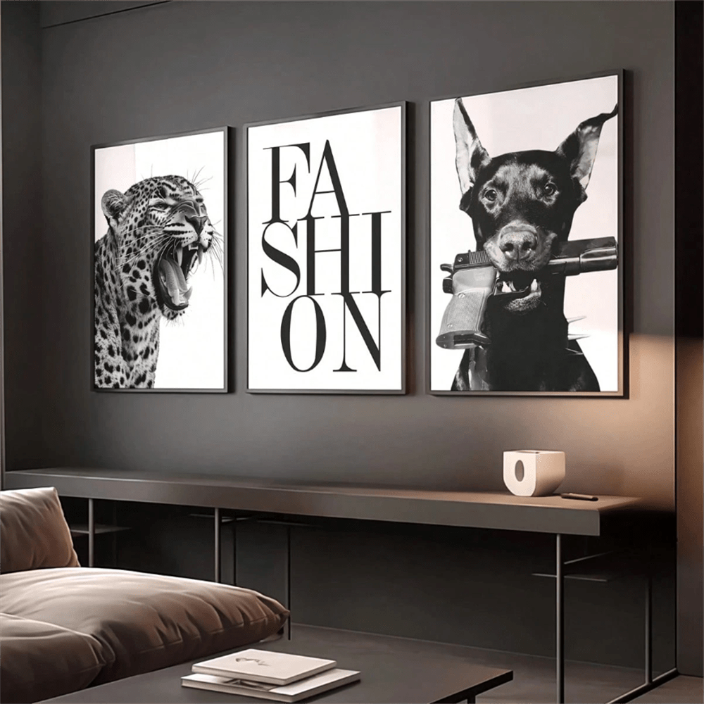 1pc Unframed, Black Fashion Prints, Luxury Wall Art, Bold Aesthetic Decor, Wild Leopard & Doberman, Make Up Room PosterVintage Frameless Wall Arts Posters