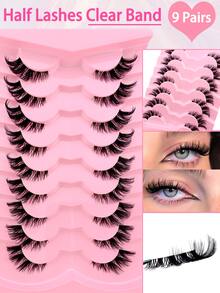 9 Pairs Half-Strip False Eyelashes, Cat Eye Natural Makeup Effect, Transparent Stem, Cartoon Style, Natural Transparent Stem, Short Accent Lashes, Winged Lashes, 3/4 Lashes, Reusable Eyelash Set - Cat Eye Lashes - View 2