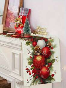 1pc Christmas Decoration Table Runner, 13x35.4/47.2/63/72/78.7 Inches Available - Polyester Rectangular Striped Holiday Decoration, Red And Gold Trim, Pine Branches And Snowflakes, Suitable For Kitchen Dining Room Party Home Decor, Christmas Table Decoration, Snowflake Pattern, Durable Fabric, Seasonal Textile, Christmas Decoration