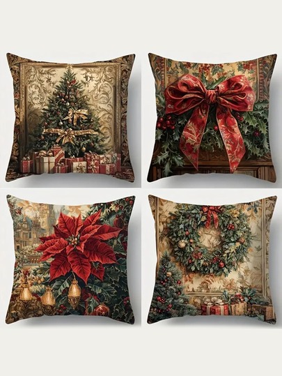 4 Packs Christmas Throw Pillow Covers 15.7x15.7/17.7x17.7/19.7x19.7inch - Contemporary Style, Machine Washable, Festive Print Design, Zippered Polyester Cushion Cases For Living Room Sofa - Wreath, Tree, Poinsettia, Gift Decor