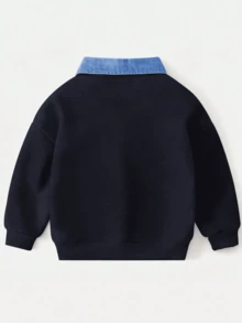 男童仿两件套领拼接卫衣，新款秋冬男童加厚长袖连帽衫